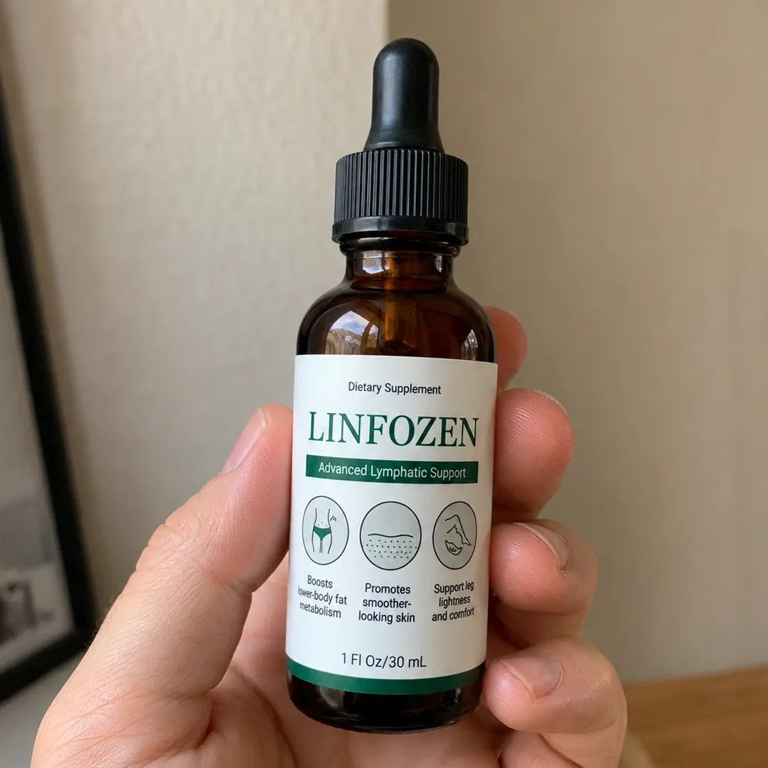 Hand holding a Linfozen liquid dietary supplement dropper bottle